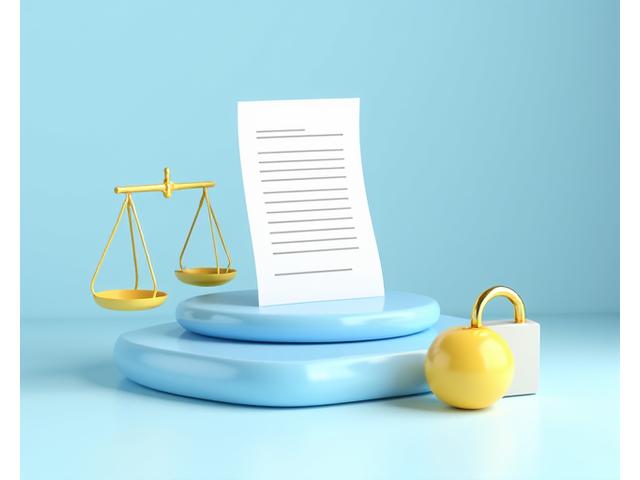 Símbolo de cumplimiento legal: documento legal, balanza de la justicia y un candado de seguridad, en tonos azules y dorados.