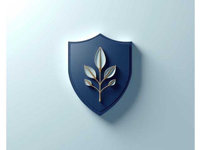 Un escudo estilizado con un engranaje y una hoja, representando protección y sostenibilidad, en colores azul oscuro y detalles dorados.