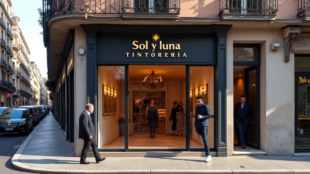 Fachada del edificio de Sol y Luna Tintorería en la Calle del Pez, Madrid, con su rótulo clearly visible y una persona entrando.