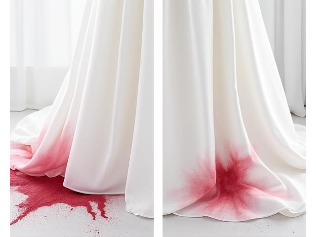 Vestido de novia antes de la eliminación de una gran mancha de vino tinto y luego, el mismo vestido impecable