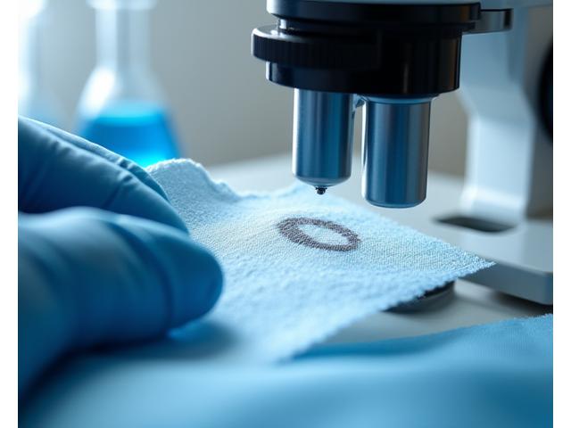 Imagen de un técnico de tintorería utilizando un microscopio para analizar una fibra textil