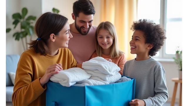 Familia sonriente desempacando la ropa limpia y doblada entregada por Sol y Luna Tintorería.
