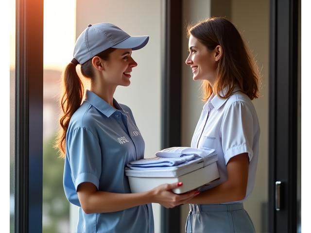 Servicio de lavandería a domicilio en Madrid, entrega de ropa limpia a cliente sonriente en la puerta de su casa.