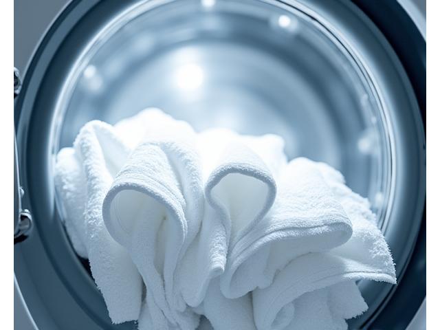 Primer plano de ropa limpia y fresca saliendo de la lavadora con vapor, simbolizando higiene y desinfección.