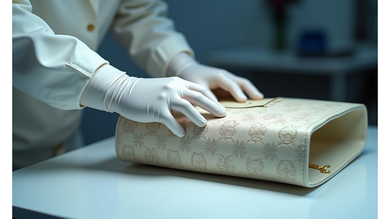 Experto de Sol y Luna Tintorería examinando un bolso de piel de lujo con guantes blancos