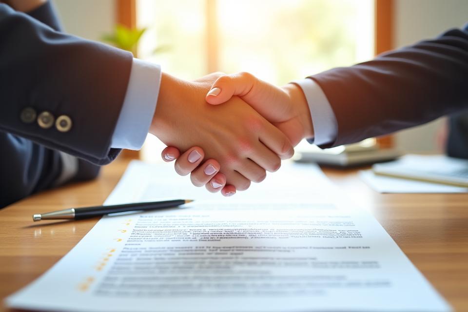 Un apretón de manos simbólico entre dos profesionales sobre un documento de contrato que muestra las casillas de verificación de 'flexibilidad' y 'sin permanencia'. El fondo es un entorno de oficina limpio, destacando los colores azul y amarillo de la marca.