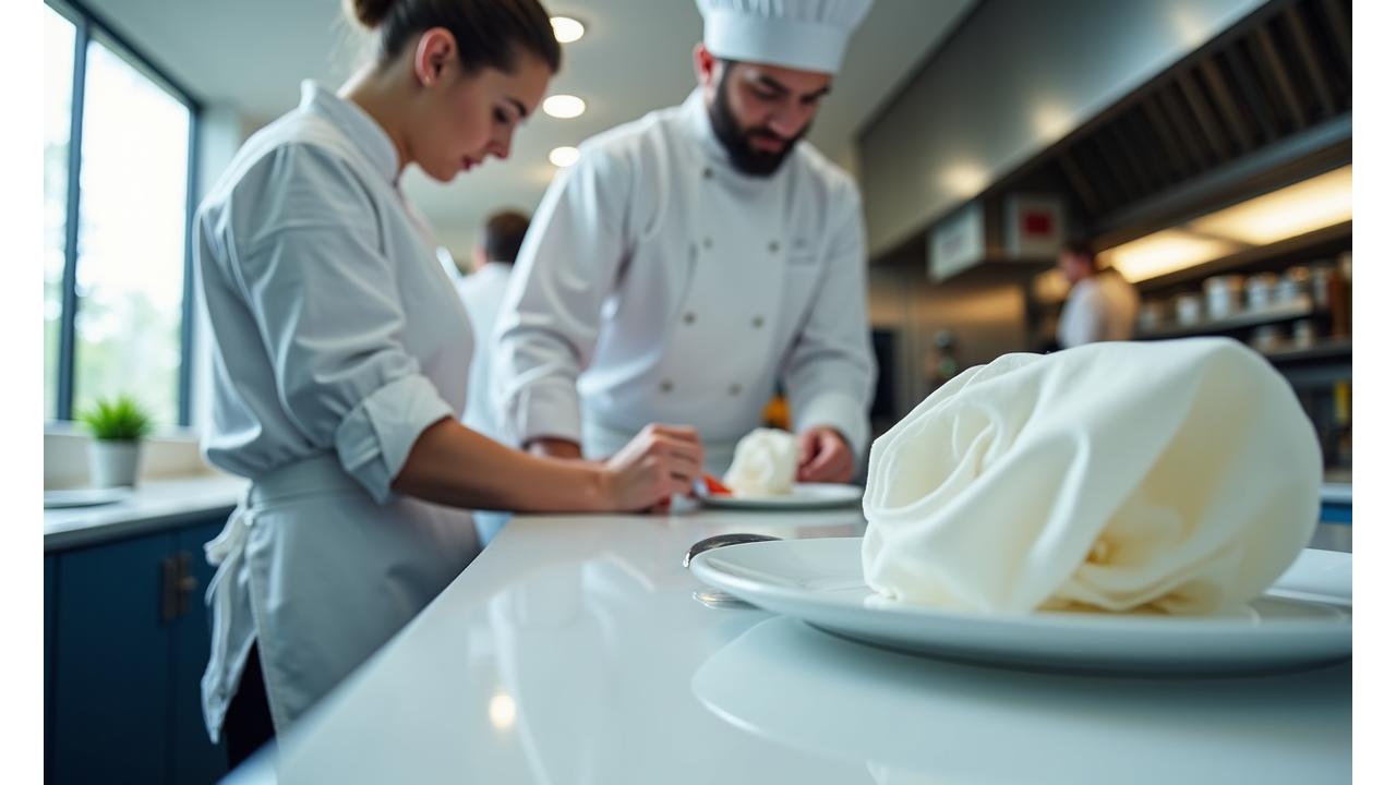 Chef profesional ajustando un delantal blanco impecable en una cocina de restaurante, con un camarero doblando servilletas limpias en el fondo. La imagen transmite profesionalidad y eficiencia.