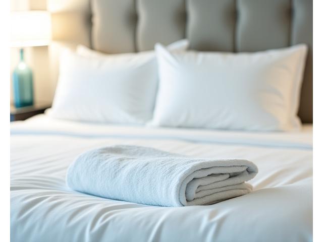 Cama de hotel lujosa con sábanas y edredón blancos impecables, complementada con almohadas suaves y una toalla delicadamente doblada. La imagen transmite confort y los altos estándares de limpieza para el sector hotelero.