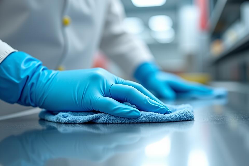 Manos con guantes de látex desinfectando una superficie de acero inoxidable con un spray. El fondo es un ambiente de cocina profesional brillante y limpio. Simboliza la máxima higiene, fundamental para hostelería y negocios.