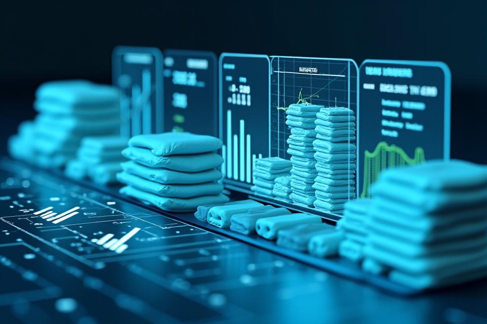 Un gráfico de barras o un dashboard digital abstracto que muestra el seguimiento de inventario. Simboliza la gestión eficiente de stock y la disponibilidad constante de textiles para un negocio. Colores azules y blancos dominantes.