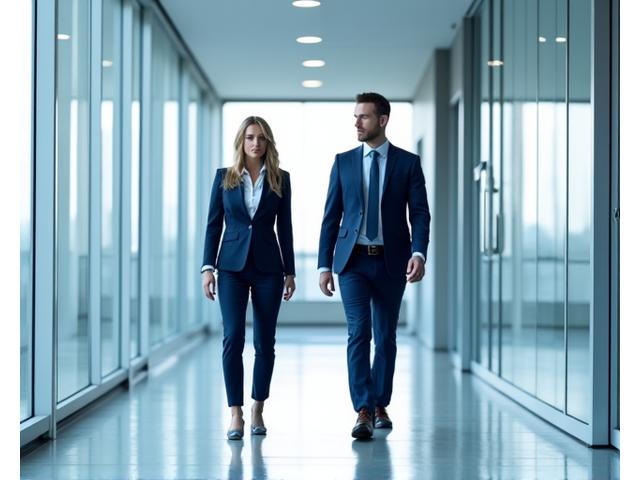 Profesionales en un entorno de oficina moderna. Un hombre con camisa impecable y una mujer con un blazer, ambos bien vestidos, caminan por un pasillo limpio. La imagen representa limpieza profesional y uniformes de oficina, ideal para servicios a empresas.