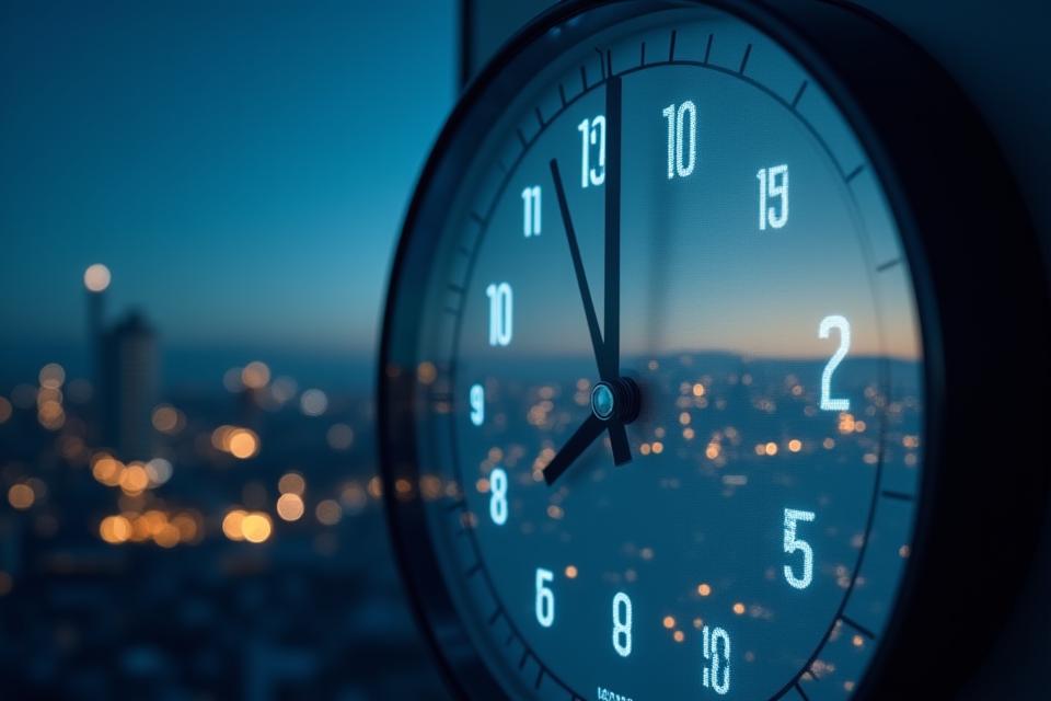 Un reloj de pared marcando las horas de la noche, con la luz tenue de un restaurante o negocio que aún opera, simbolizando servicios de lavandería a domicilio fuera de horas pico. La imagen transmite flexibilidad y disponibilidad nocturna.