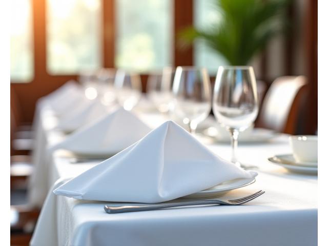 Manteles blancos inmaculados y servilletas perfectamente dobladas sobre mesas elegantes en un restaurante moderno y luminoso. Transmite limpieza y atención al detalle en el sector de la hostelería.