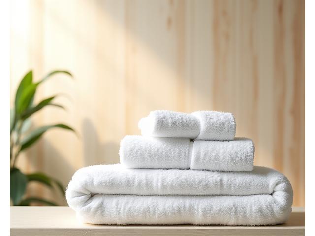 Pilas de toallas blancas y esponjosas apiladas ordenadamente en un spa sereno, con una vela aromática y flores decorativas en el fondo. La imagen evoca sensaciones de higiene y relajación, perfecta para centros de belleza.
