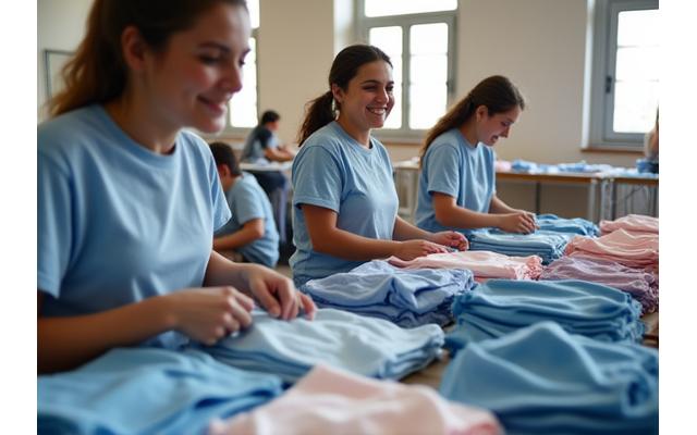 Voluntarios organizando ropa donada en un evento benéfico